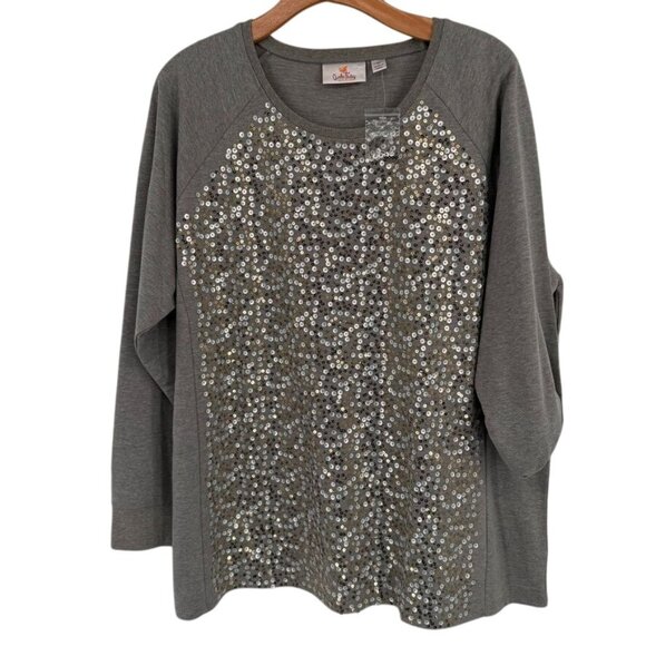 Quacker Factory Womens Sequin Embellished Gray Long Sleeve Top size 1X plus new - Picture 1 of 14